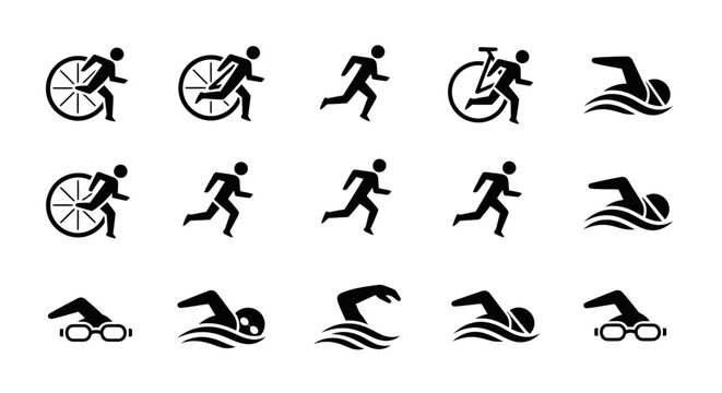 Triathlon Icons Black Silhouettes of Running Cycling and Swimming Athletes. - Powered by Adobe