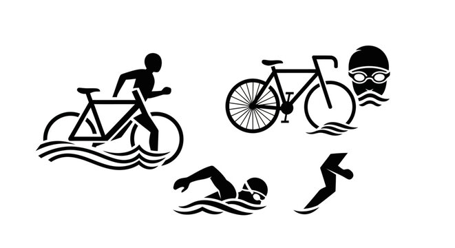 Triathlon Icons Set Swimming Cycling and Running Pictograms in Black Silhouette.
