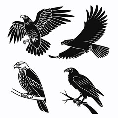 Black silhouette eagles in flight and perched on branches