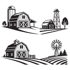 Four black and white farm scenes with barns silos and windmills
