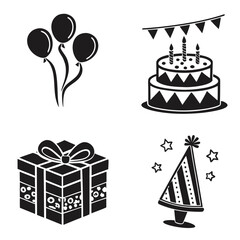 Birthday party icons balloons cake gift hat celebration