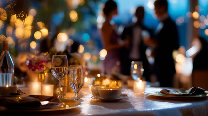 Defocused view of guests’ silhouettes in elegant attire moving around candlelit tables, with copy space.