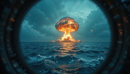Dramatic ocean view through submarine porthole showing powerful explosion, creating a sense of awe and concern about global events impacting our world