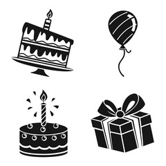 Birthday cake balloon gift box candle icons vector