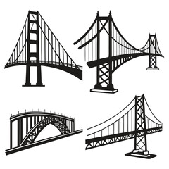 Four Black Silhouette Bridges on White Background suspension bridge