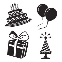 Black and white birthday party icons cake balloons gift hat