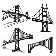 Black silhouette bridge illustrations on white background