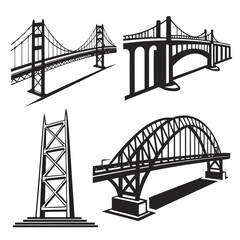 Four black and white bridge illustrations suspension bridge