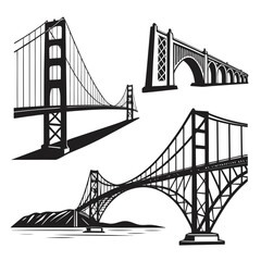 Four black and white bridge illustrations on white background