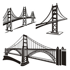 Black silhouette of suspension bridges on white background