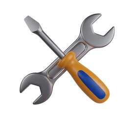 3d icon crossed wrench and screwdriver isolated on transparent background