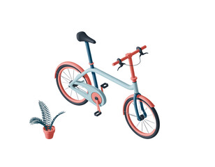 3d icon a light blue and coral bicycle with a potted plant isolated on transparent background