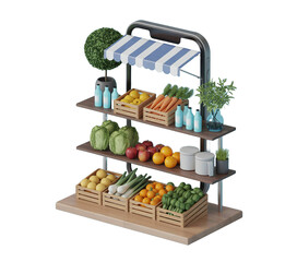 3d icon fresh produce stand with assorted fruits and vegetables isolated on transparent background