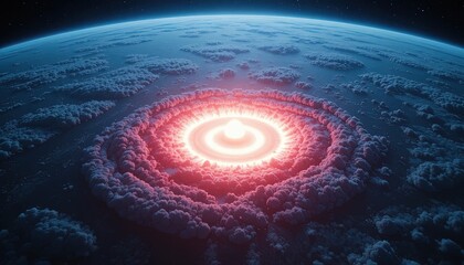 Dramatic cosmic event on earth, fiery explosion in the atmosphere, apocalyptic scene, fantasy world, eye-catching visual, science fiction concept art