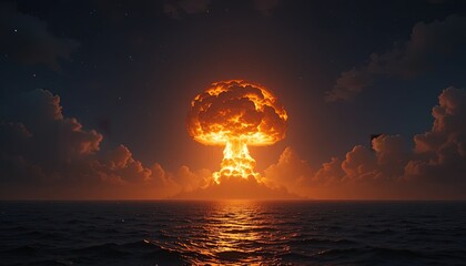 Dramatic mushroom cloud rising over the ocean at night creating a vibrant and powerful scene, symbolizing crisis, destruction, or transformation
