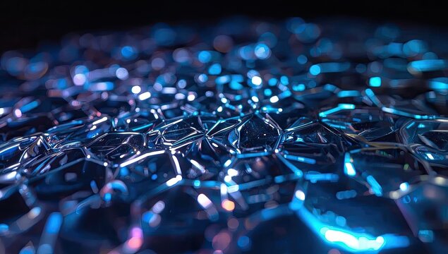 Abstract, shot showcasing a hexagonal, crystalline structure with a blurred background and a gradient of blue hues, creating a futuristic and textured aesthetic with bokeh effects. - Powered by Adobe