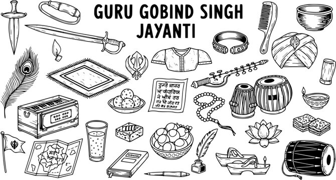 Guru Gobind Singh Jayanti Sikh Festival Elements Collection: Hand-drawn Icons of Religious Symbols, Musical Instruments, Food, and Traditional Items.