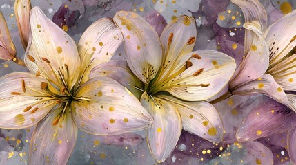 Three lilies with golden dots on a purple and gray background, with a watercolor texture and a gradient effect.
