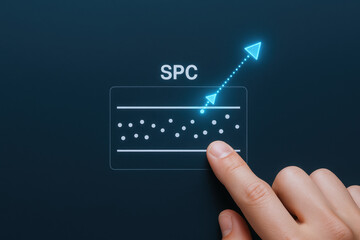 Machine learning concept with hand pointing statistical process control chart representing quality improvement across industries for better