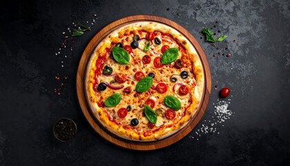 Overhead view of a delicious, round pizza with assorted toppings