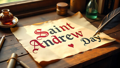 Saint andrew day message written on parchment with quill and ink on wooden table 4k and hd image