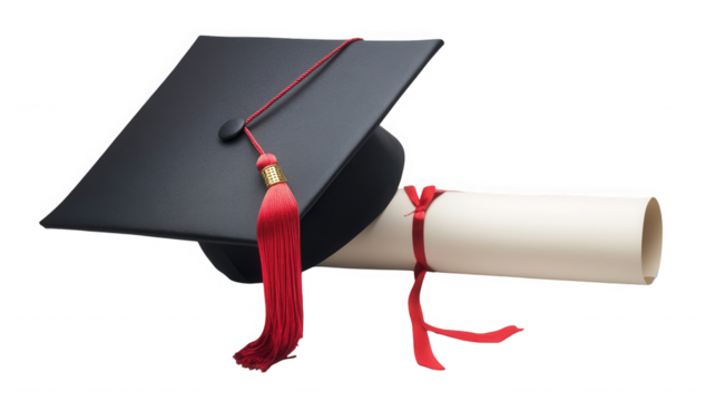 Graduation cap and diploma isolated on transparent background for academic achievement