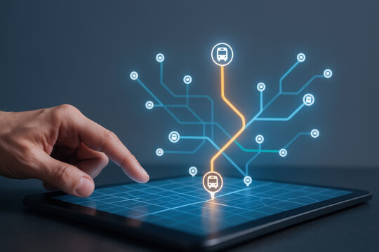 Machine learning concept visualizes transportation routes across industries with digital interface enhancing connectivity and efficiency