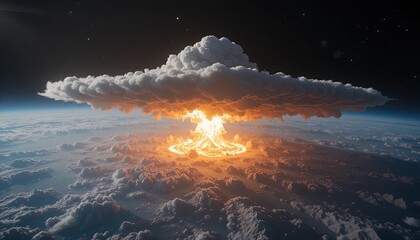 Dramatic aerial view of a nuclear explosion over a cloudy landscape, a powerful and thought-provoking visual, perfect for conveying impact and change