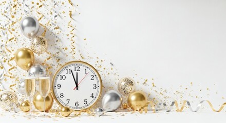 New Year s Eve Celebration Clock Striking Midnight with Gold and Silver Confetti and Balloons