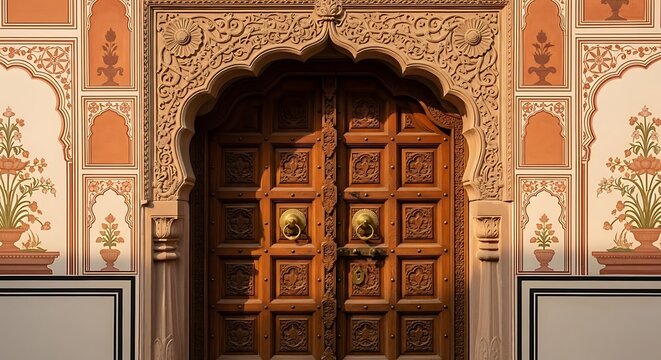 Ornate Wooden Doorway with Intricate Carvings, a Symbol of Traditional Indian Architecture and Heritage