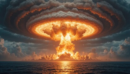 Dramatic nuclear explosion over ocean landscape with ominous clouds, perfect for conveying power, destruction, or apocalypse themes in impactful visuals