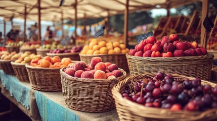 Fruit baskets at a market, including apples, peaches, and plums, with a rustic wooden table and a tent in the background.