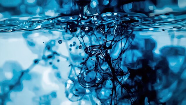 Liquid ink spreading and dispersing in water creating abstract organic shapes with delicate droplets, offering a cool and serene visual impact and evoking a sense of tranquility. - Powered by Adobe