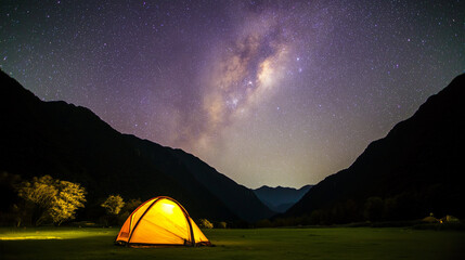 A glowing tent beneath the Milky Way in a serene mountain landscape, capturing tranquil camping under natural light. travel magazines.