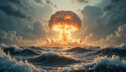 Dramatic scene of powerful explosion over ocean waves with stunning cloudscape, evoking awe and destruction, perfect for impactful storytelling