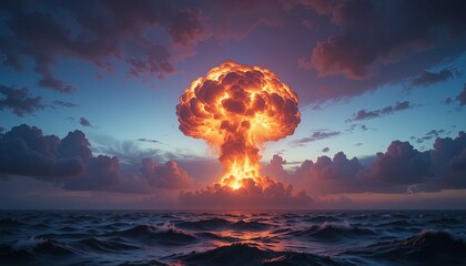 Dramatic ocean scene featuring a powerful nuclear explosion at sunset, evoking feelings of both awe and concern about global issues and the future of our world