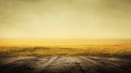 Rustic wooden surface overlooks a vast, golden field stretching under a hazy, muted sky, evoking a serene and aged pastoral scene, blurred yellow background