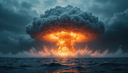 Dramatic atomic explosion over the ocean at dusk creating a powerful and ominous scene for impactful storytelling and visual narratives