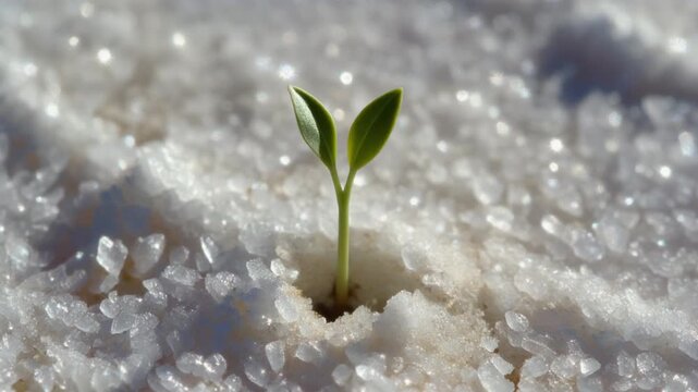 Photorealistic macro time-lapse of a single halophyte seedling pushing through white salt-crusted soil under natural daylight; subtle breeze and shallow depth of field