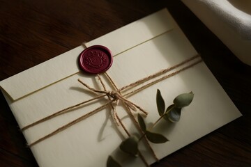 Elegant invitation with wax seal and twine on a wooden surface for a special event