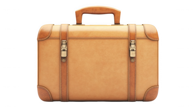 Vintage brown leather suitcase isolated on transparent background for travel concept