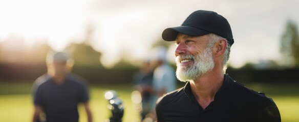 The senior golfer smiling on a sunny course while friends practice in background
