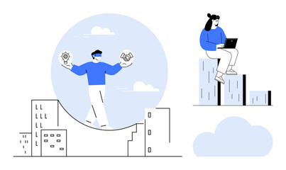Person balancing gears and handshake above buildings, woman working on a laptop on stacked bars. Ideal for teamwork, balance, strategy, innovation, productivity, growth entrepreneurship. Simple flat