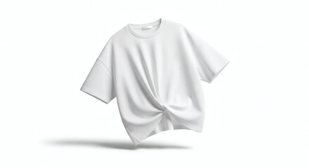 Floating White Oversized T Shirt Mockup with Front Knot Detail on White Background