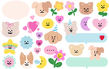 Cute vector illustrations of puppy and cat expressions, flowers, stars, heart, party hat, moon, text bubbles for cartoon characters, comic, animals, pet shop, vet, emoji, mood, nature, garden, summer