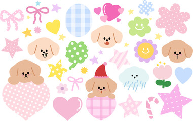 Cute vector illustrations of puppy expressions, candy cane, cloud and rain, flower, star, pink ribbon, heart, clover leaf for cartoon characters, comic, animal, pet shop, vet, emoji, mood, foster home