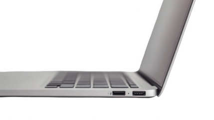 Sleek laptop isolated on transparent background, showcasing ports and modern design
