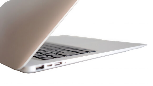 Side view of an open laptop isolated on transparent background for work or school