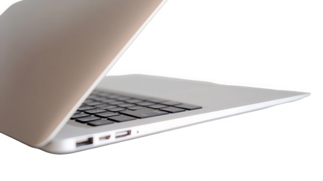 Side view of an open laptop isolated on transparent background for work or school