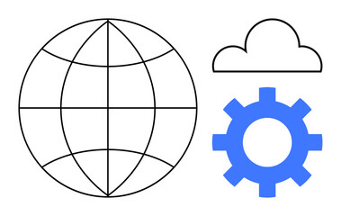 Globe, cloud, and blue gear represent global networking, cloud computing, and system automation. Ideal for technology, innovation, business strategy, global solutions software development IT